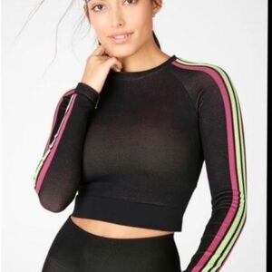 Fabletics new Aisley Black Crop Top with Pink and Green  striped sleeve, size XS